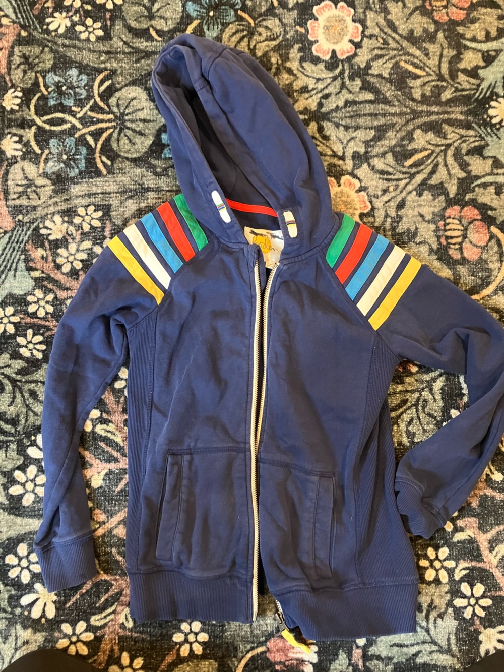 Boden Navy Hooded Zip Sweatshirt with Rainbow Shoulder Stripes